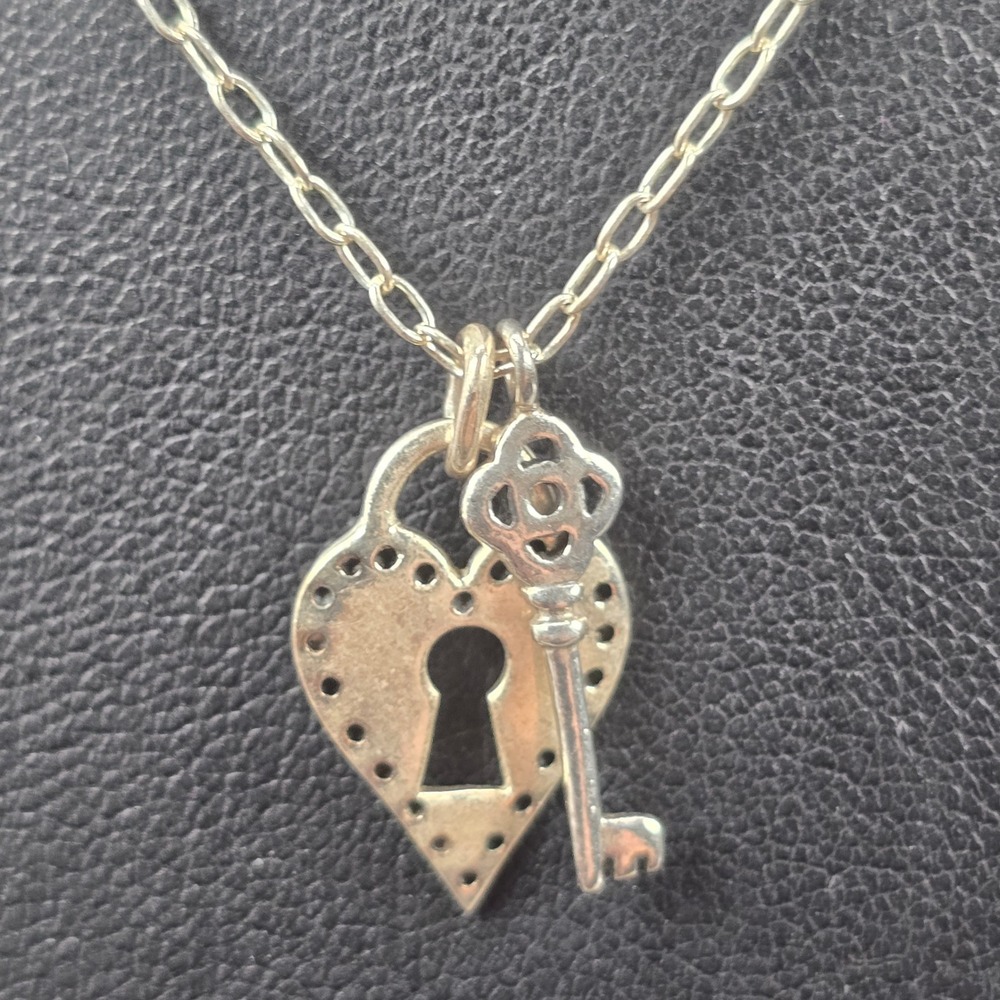 BUMA 925 Sterling Silver Heart Lock & Key Charm Pendant Chain Link Necklace 18"